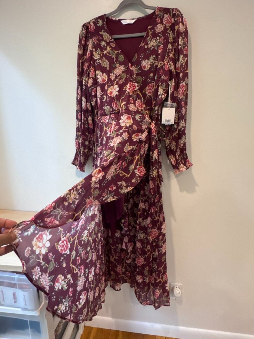 NWT LC Lauren Conrad Floral High-Low Wrap Dress β Burgundy β Size L πΈπ₯ - Picture 7 of 13